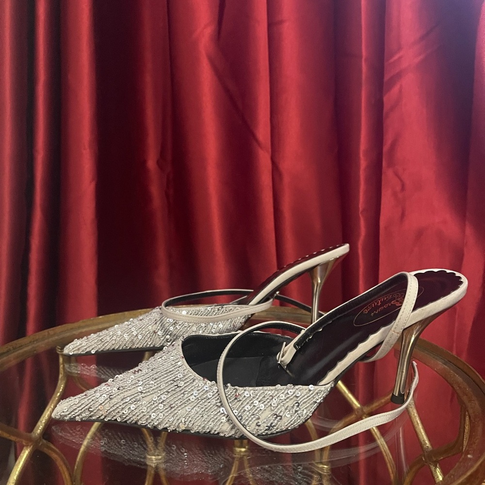 Vintage Extreme Long Pointed Sequins Kitten Heel